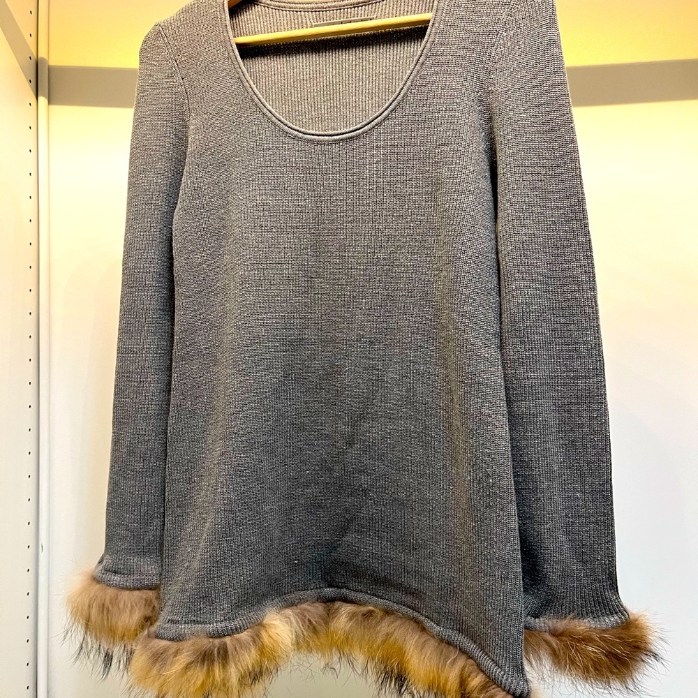 Uldahl designer sweater size M, bought in Iceland. Raccoon fur on sleeves.